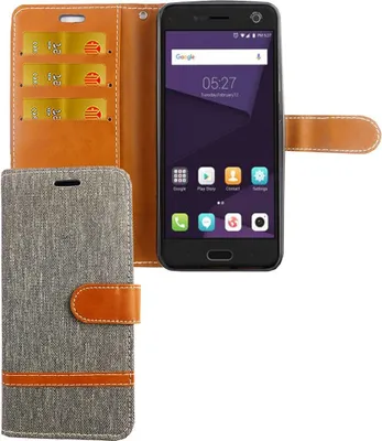 Image de Étui de protection pour téléphone compatible avec le ZTE Blade V8, type pochette en jean, couleur grise