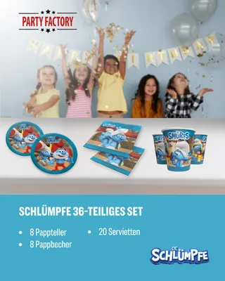 Produktbild von Die Schlümpfe 36-tlg. Party Set – Deko mit Tellern Servietten Bechern