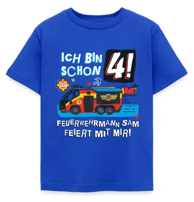 Produktbild von Spreadshirt Feuerwehrmann Sam Geburtstagsdesign 4 Jahre Kinder T-Shirt, 122/128 (7-8 Jahre), Royalblau