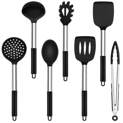Produktbild von Küchenhelfer Set Silikon - 7-teilig - Schwarz - Hitzebeständig bis 230 °C - Antihaftbeschichtung