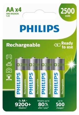 Productafbeelding van Philips AA-Batterijen HR03 Oplaadbare Batterijen NiMH 1.2V 500 Keer Herladen 2500mAh