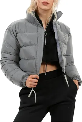 Produktbild von ASKSA Damen Puffer Jacke Kurz Stehkragen Gesteppte Cropped Dicke Winterjacke Outdoor, Grau, L