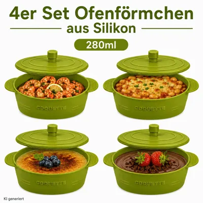 Produktbild von 4er Set Silikon Bräter Mini Ofenform mit Deckel Auflaufform Backform 280ml Grün