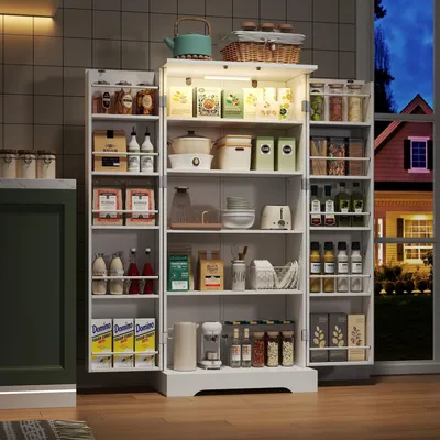 Image de Armoire de cuisine multifonctionnelle blanche, dimensions 60x35x128 cm, avec éclairage LED à détecteur de mouvement, étagères réglables en hauteur et double porte