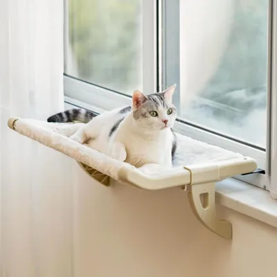 Produktbild von Katzen Fenster Hängematte Weiß L 59x36cm, Katzenbett Fensterbank mit abnehmbarem Bezug, hält bis 18kg, saugnapffrei