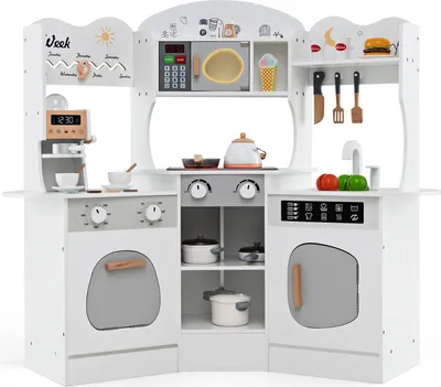 Produktbild von GOPLUS Eck Kinderküche, Spielküche für Kinder mit Lichtern und Ton, Kaffeemaschine, Ofen, Mikrowelle, Waschmaschine & Kochgeschirr, Weiß