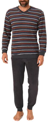 Produktbild von Langer Herren Frottee Pyjama Schlafanzug mit Bündchen - Streifenoptik - 291 101 13 649 ; anthrazit , 54