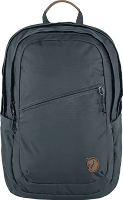 A dark gray backpack is shown against a white background.