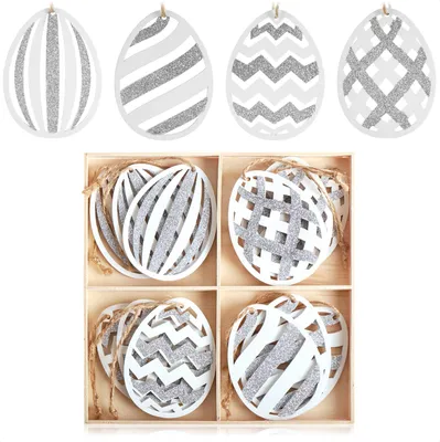 Produktbild von com-four® 12x Dekoaufhänger Ostern - Osterschmuck aus Holz zum Aufhängen - Holzaufhänger für den Osterstrauß grau/weiß mit Streifen