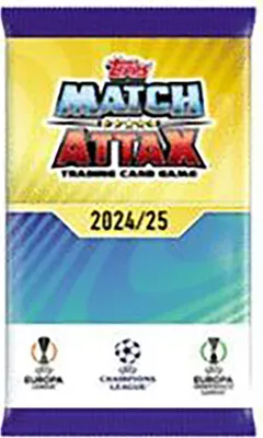 A product package for Topps Match Attax trading cards, featuring UEFA Champions League branding and the 2024/2025 season.