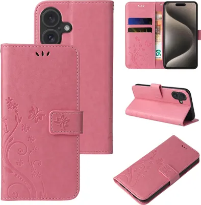 Produktbild von Handyhülle für Apple iPhone 17 Floral Blumen Schmetterling Flip Cover Hülle Case Klapphülle Handytasche Farbe: Rosegold