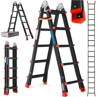 Produktbild von MASKO Aluminium 6in1 Mehrzweckleiter – 20 Sprossen | - 520 cm | 150 Kg, ausziehbar, Rutschfest, Multifunktional, Gelenkleiter, Anlegeleiter, Klappleiter, beidseitige Steh- und Treppenleiter