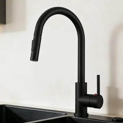 Produktbild von AICA Spülwasserhahn Schwarz Hoher U-Bogen Armatur Ausziehbar mit 2 Strahlarten Robuster Messingkern