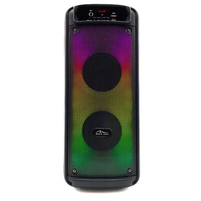 A tall, black Bluetooth speaker with colorful LED lights illuminating the speaker grilles.