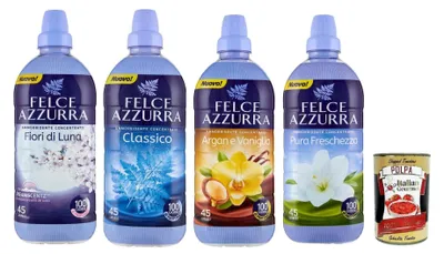 Produktbild von Felce Azzurra Ammorbidente Testpaket, Classico, ambra ed argan, Fiori Di Luna, pura freschezza, Weichspüler Konzentrat Duftende, 45 Washes, 3x 900Ml + Italian Gourmet polpa 400g