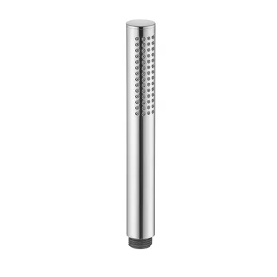 A silver hand shower head on a white background.