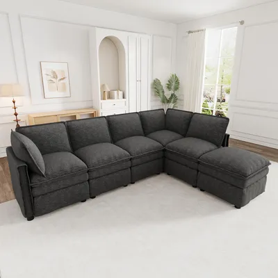 Immagine prodotto di DIVANO MODULARE XXL, divano componibile per 6 persone, con funzione letto, divano angolare con tessuto in chenille e cuscini imbottiti, forma a "U" o a "L", colore grigio, dimensioni 344 x 127 x 91 cm