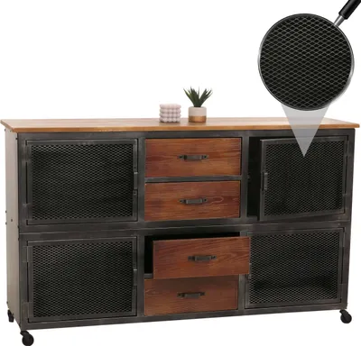 Zdjęcie produktu dla Kredens HWC-N28, komoda, kółka 4 szuflady, struktura 3D industrial retro metal drewno 90x150x40cm ~ czarny, brązowy