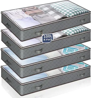 Produktbild von Unyqoos® Unterbett-Aufbewahrungsbox 4er-Set, 100×50×18 cm, Grau Leinenoptik, mit Sichtfenster – Aufbewahrung für Kleidung & Bettwäsche