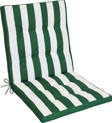 A green and white striped chair cushion is shown against a white background.