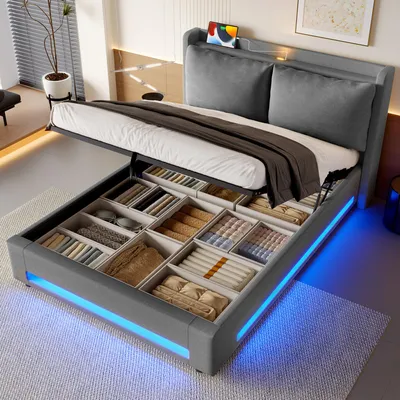 Image de OKWISH Lit Coffre Double Ado140x200 cm - Lit Capitonné Lin avec Rangement, LED, USB-C - Lit Moderne avec Coussins Amovibles, Gris Foncé