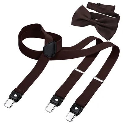 Produktbild von DonDon Herren Y-förmiger schmaler 2,5 cm Hosenträger elastisch und verstellbar im 2er Set mit farblich passender Fliege 12 x 6 cm - Braun
