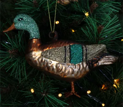 Produktbild von Christbaumschmuck Glas 7,5cm Erpel mit Glitzer Figur Braun