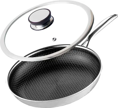 A close-up studio shot of a frying pan with its lid slightly ajar, set against a white background.
