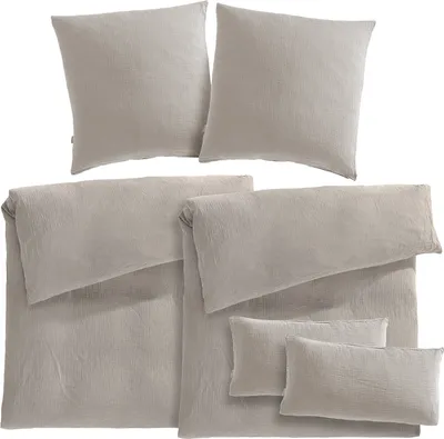 Produktbild von Pure Label Musselin Bettwäsche 6teilig bestehend aus Bettbezug 155 x 220 2er Set + 80x80 Kissenbezug 2er Set + 40x80 Kissenbezug 2er Set in Taupe