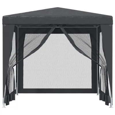A dark gray party tent with mesh sides, shown from the front.