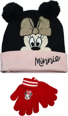 Produktbild von Disney Minnie Maus Kinder Winter Bommel Mütze plus Handschuhe – Bunt / 52