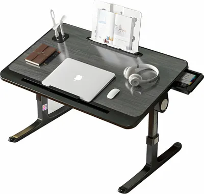 Obrázek produktu pro Multifunkční stojan na notebook ve tvaru stolu, Linomag®, nastavitelný, skládací, 60 cm x 40 cm x 27 cm  40 cm, držák na knihy, držák na tablet, odkládací zásuvka, černá/šedá barva