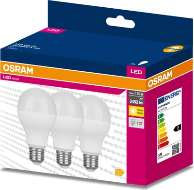 Zdjęcie produktu dla 3PAK Żarówka LED E27 A60 19W = 150W 2452lm 3000K Ciepła 200° OSRAM VALUE