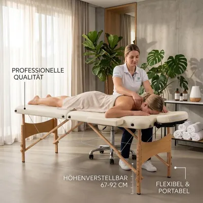 Produktbild von Mobile Massageliege Klappbar & Höhenverstellbar (67-92 cm) – Professionelle Kosmetikliege 210x81 cm für Physiotherapie & Akupunktur, Creme