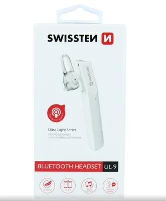 The image shows the retail packaging of a Swissten Bluetooth headset.