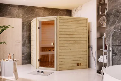 Produktbild von Karibu Sauna Innensauna Mia Eckeinstieg Ofen 9 kW integr. Strg 196x169x198 cm ohne Dachkranz mit Bronzierter Tür