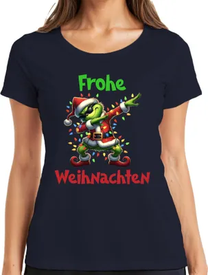 Produktbild von Frohe Weihnachten Dabender Grinch Weihnachtsmann Lichterkette Damen T-Shirt, Navy, L