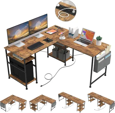 Produktbild von AIORBER Schreibtisch Eckschreibtisch L-förmiger Computertisch, Wendeplatte, mit Steckdose, 140x140x74 cm, Braun