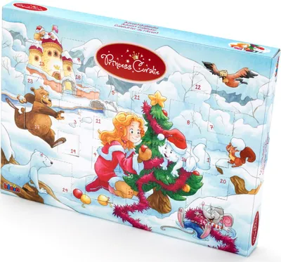 An advent calendar with a winter scene, featuring Princess Coralie, animals, and a Christmas tree.