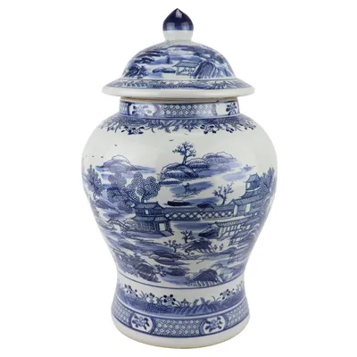 Produktbild von Fine Asianliving Chinesische Deckelvase Blau Weiß Porzellan Landschaft D29xH48cm Dekorative Vase Blumenvase Orientalische Keramik Vase Dekoration Vase Moderne Tischdekoration Vase