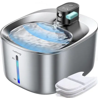 Produktbild von Katentrinkbrunnen aus Edelstahl, batteriebetrieben mit Bewegungsmelder und 4000mAh-Batterie, 2-Filter-Katentrinkbrunnen