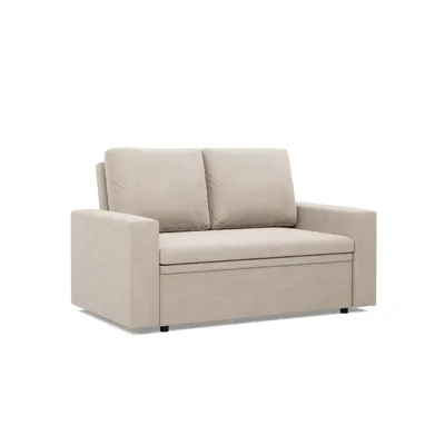 A beige sofa with a pull-out bed function is shown against a white background.