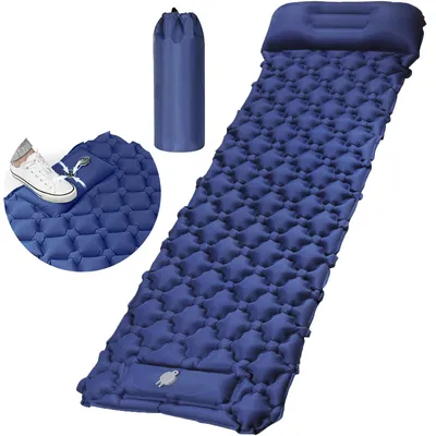 Produktbild von Aufblasbare Camping‑Schlafmatte 6 cm, blaue Isomatte mit integrierter Fußpumpe & Kopfkissen, ultraleichte wasserdichte 40D‑Nylon‑TPU Luftmatratze