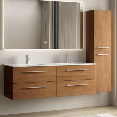 Produktbild von LOMAZOO Badmöbelset NAVERO 140 cm - Mit Hochschrank - Warmes Eichenholz - Waschbecken Weiß