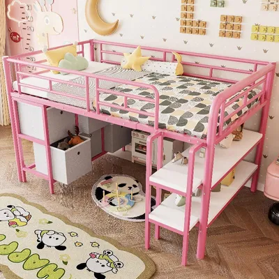 Immagine prodotto di Letto a castello per bambini, dimensioni 90x200 cm, in metallo, con spazio contenitivo, cassetti e scaffali. Letto a castello basso con ampia scala, ideale per la cameretta dei bambini, disponibile nei colori bianco/rosa