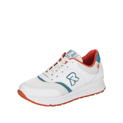 A single white sneaker with orange and teal accents is shown against a white background.