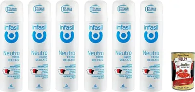 Produktbild von Infasil Deo-Spray, neutral, extra sanft, Anti-Flecken-Formel ohne Aluminiumsalze, wirksam bis zu 24 Stunden, 6x 150 ml + Italian Gourmet polpa 400g