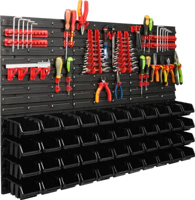 Immagine prodotto di Sistema di stoccaggio Scaffale da officina | 117 x 78 cm | 44 pezzi. Scatola | Scaffale a muro con supporti per utensili e contenitori impilabili - Pannelli a muro Scaffale extra forte Scaffale forato per utensili Scaffale da magazzino Scaffale da garage