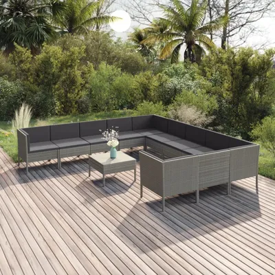 Produktbild von Möbel 12-tlg. Garten-Lounge-Set mit Auflagen Poly Rattan Grau - Gartenmöbelgarnituren 3094502