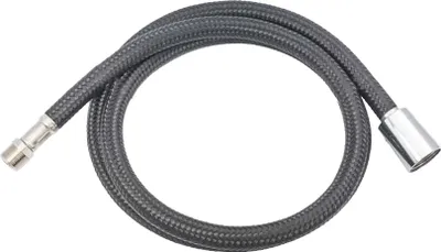 A black braided hose with silver connectors on a white background.
